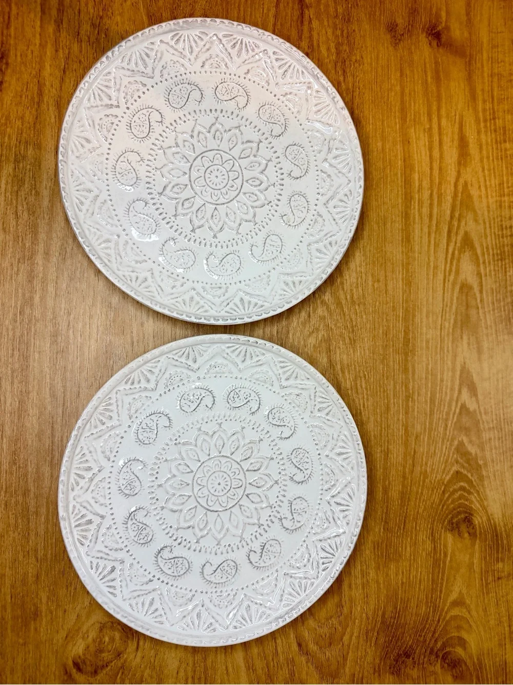 Pier 1 White Ceramic Embossed Decorative  Plates Set of 2 Mandala Design